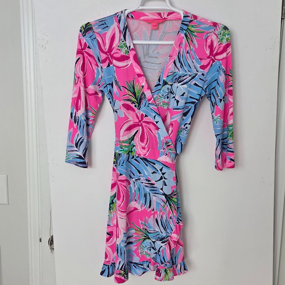 Lilly Pulitzer Dress Pink Tropical Wrap Dress Women M Ruffle Belted